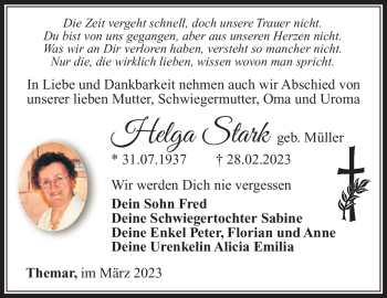 Traueranzeige von Helga Stark von Südthüringer Presse