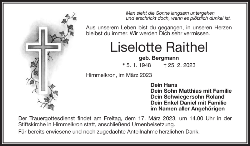  Traueranzeige für Liselotte Raithel vom 11.03.2023 aus Frankenpost