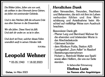Traueranzeige von Leopold Wehner von Südthüringer Presse