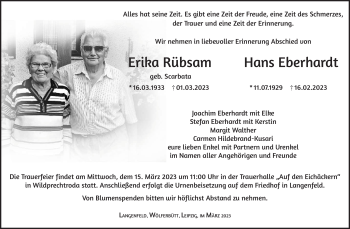 Traueranzeige von ErikaHans EberhardtRübsam von Südthüringer Presse