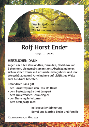 Traueranzeige von Rolf Horst Ender von Südthüringer Presse