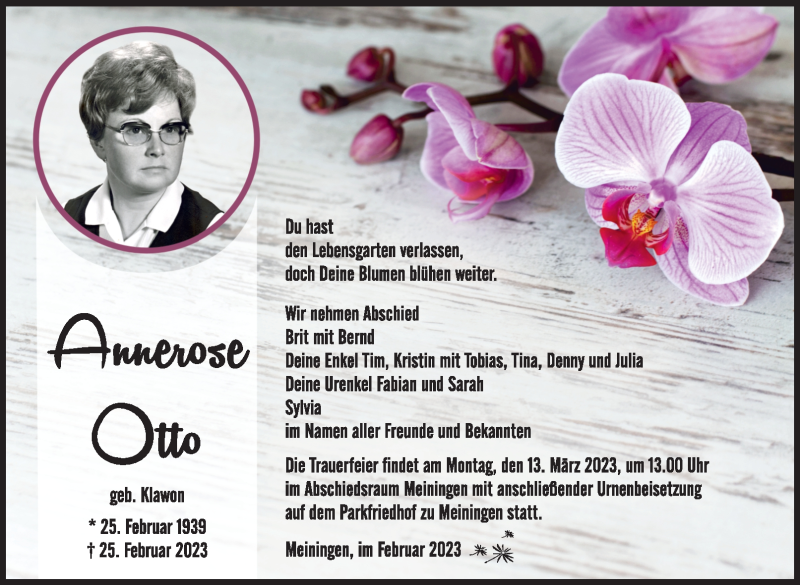  Traueranzeige für Annerose Otto vom 11.03.2023 aus Südthüringer Presse