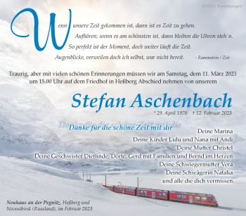 Traueranzeige von Stefan Aschenbach von Südthüringer Presse