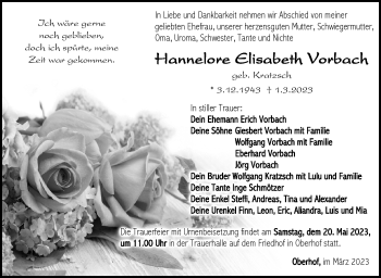 Traueranzeige von Hannelore Vorbach von Südthüringer Presse