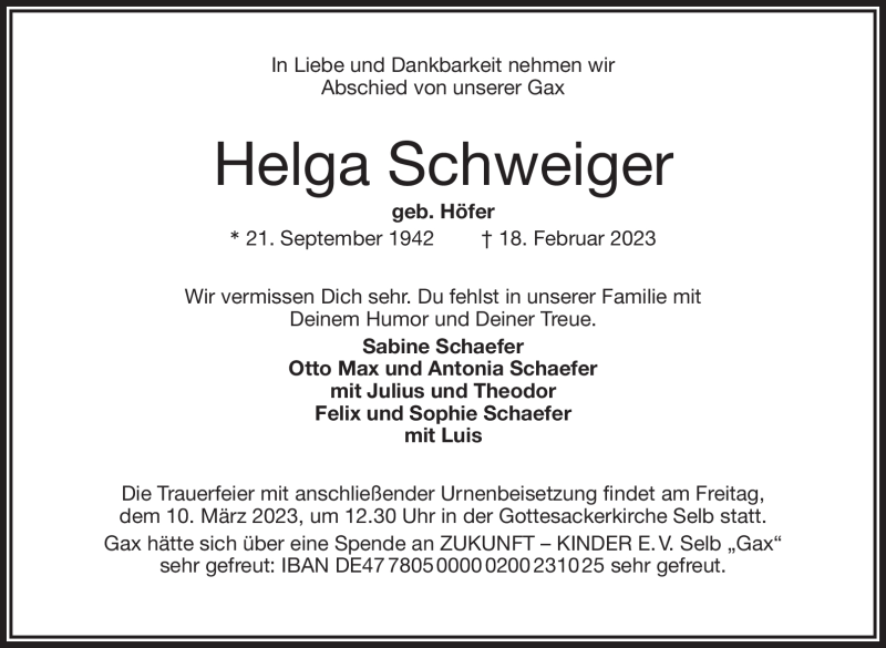  Traueranzeige für Helga Schweiger vom 04.03.2023 aus Frankenpost
