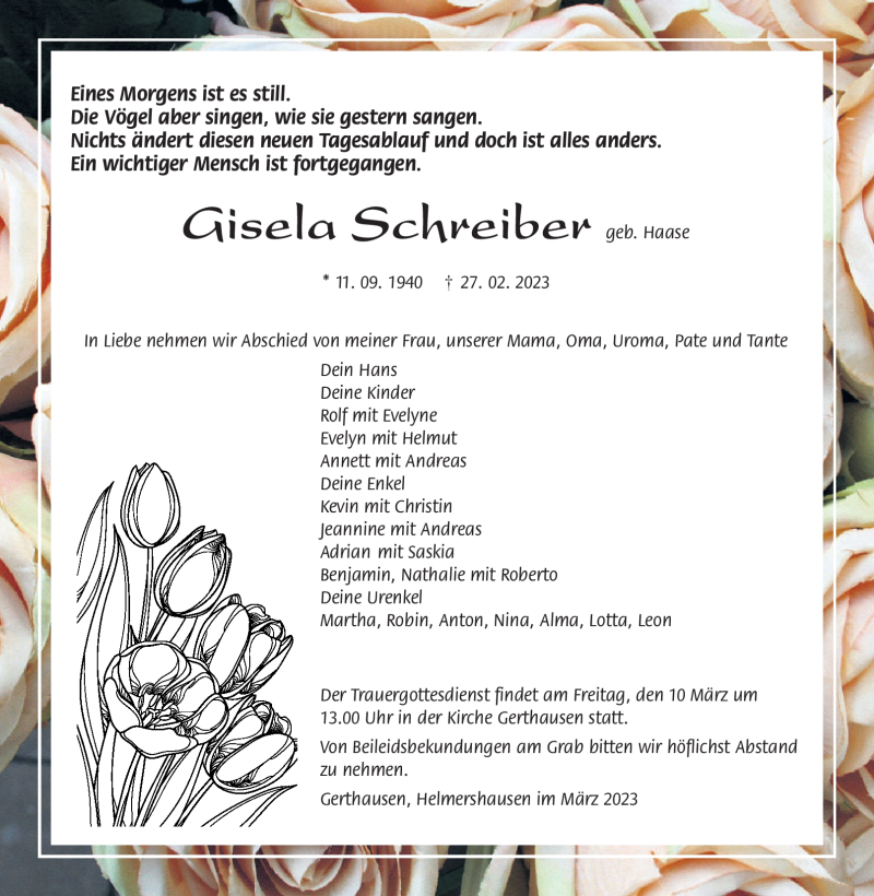  Traueranzeige für Gisla Schreiber vom 08.03.2023 aus Südthüringer Presse