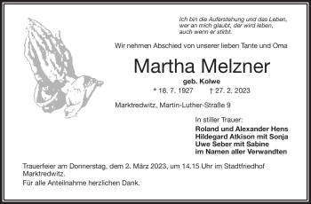 Traueranzeige von Martha Melzner von Frankenpost