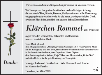 Traueranzeige von Klärchen Rommel von Südthüringer Presse