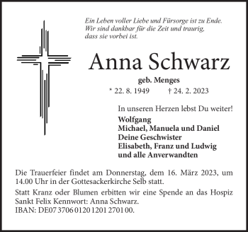 Traueranzeige von Anna Schwarz von Frankenpost