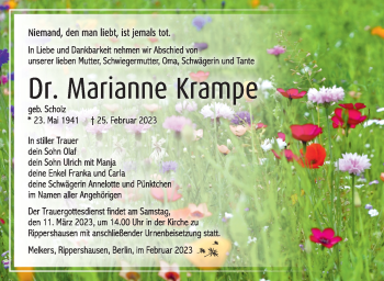 Traueranzeige von Marianne Krampe von Südthüringer Presse