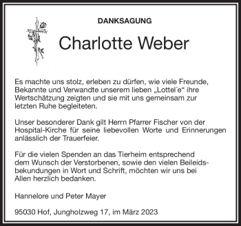 Traueranzeige von Charlotte Weber von Frankenpost