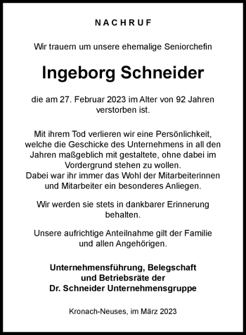Traueranzeige von Ingeborg Schneider von Neue Presse Coburg