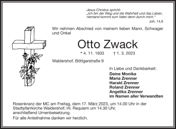 Traueranzeige von Otto Zwack von Frankenpost