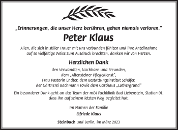 Traueranzeige von Peter Klaus von Südthüringer Presse
