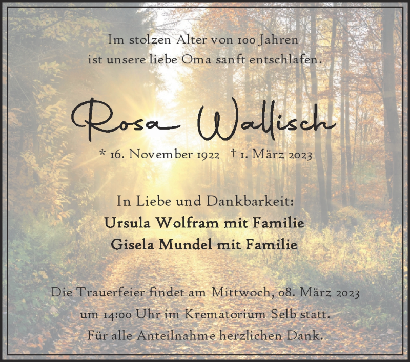  Traueranzeige für Rosa Wallisch vom 04.03.2023 aus Frankenpost