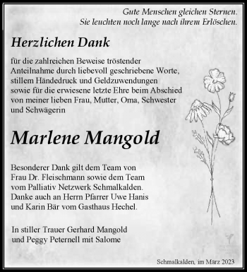 Traueranzeige von Marlene Mangold von Südthüringer Presse