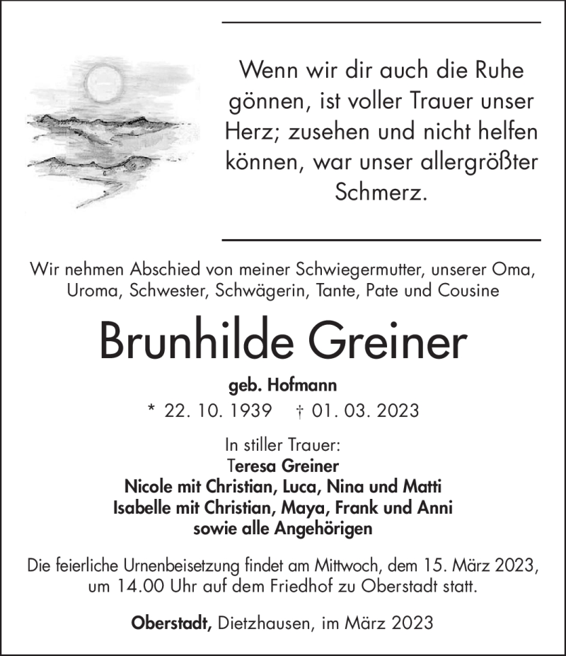  Traueranzeige für Brunhilde Greiner vom 04.03.2023 aus Südthüringer Presse