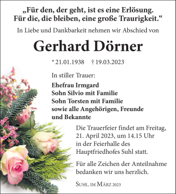 Traueranzeige von Gerhard Dörner von Südthüringer Presse