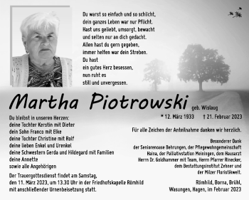 Traueranzeige von Martha Piotrowski von Südthüringer Presse