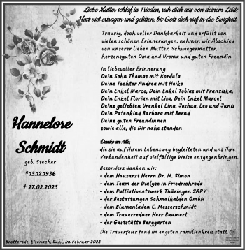 Traueranzeige von Hannelore Schmidt von Südthüringer Presse