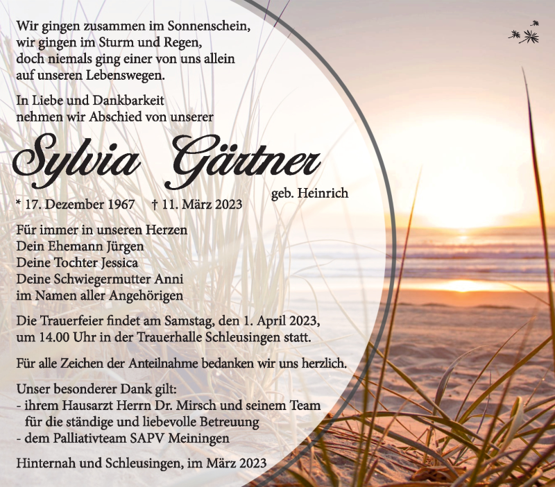  Traueranzeige für Sylvia Gärtner vom 25.03.2023 aus Südthüringer Presse