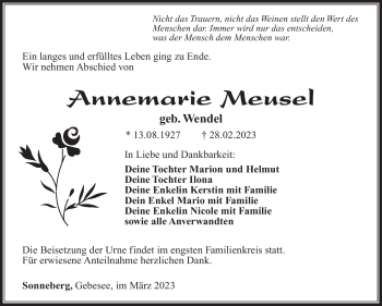 Traueranzeige von Annemarie Meusel von Südthüringer Presse