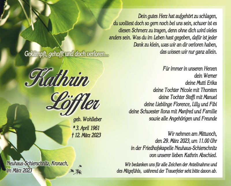  Traueranzeige für Kathrin Löffler vom 25.03.2023 aus Südthüringer Presse