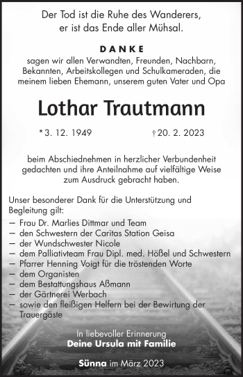 Traueranzeige von Lothar Trautmann von Südthüringer Presse