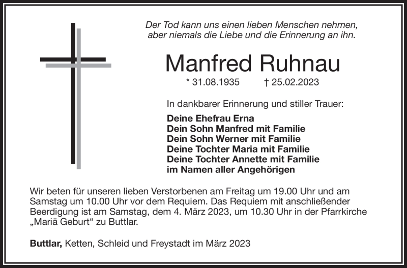  Traueranzeige für Manfred Ruhnau vom 02.03.2023 aus Südthüringer Presse