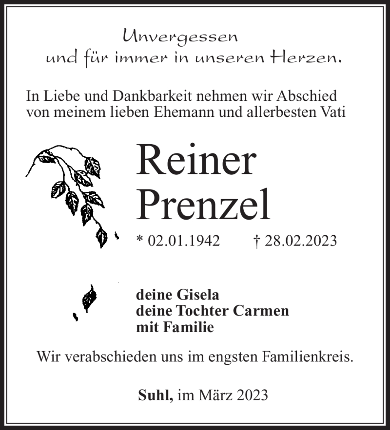  Traueranzeige für Reiner Prenzel vom 11.03.2023 aus Südthüringer Presse