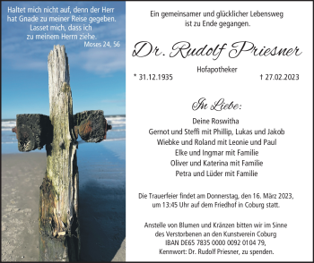 Traueranzeige von Dr. Rudolf Priesner von Neue Presse Coburg