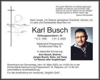 Traueranzeige von Karl Busch von Frankenpost