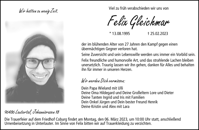  Traueranzeige für Felix Gleichmar vom 01.03.2023 aus Neue Presse Coburg