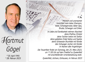 Traueranzeige von Hartmut Gögel von Südthüringer Presse