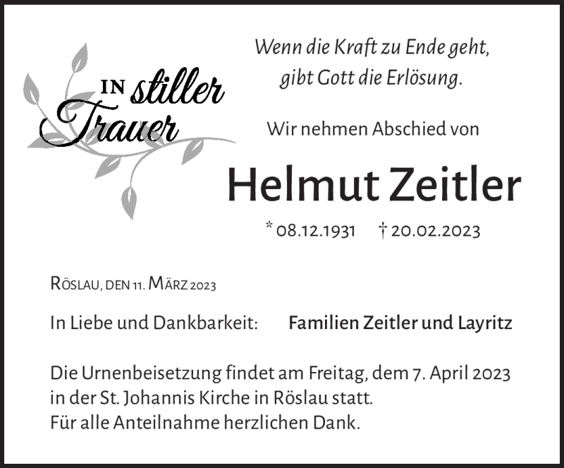  Traueranzeige für Helmut Zeitler vom 11.03.2023 aus Frankenpost