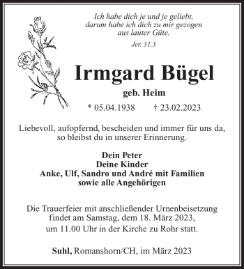 Traueranzeige von Irmgard Bügel von Südthüringer Presse