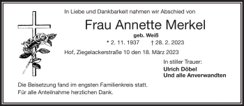 Traueranzeige von Annette Merkel von Frankenpost