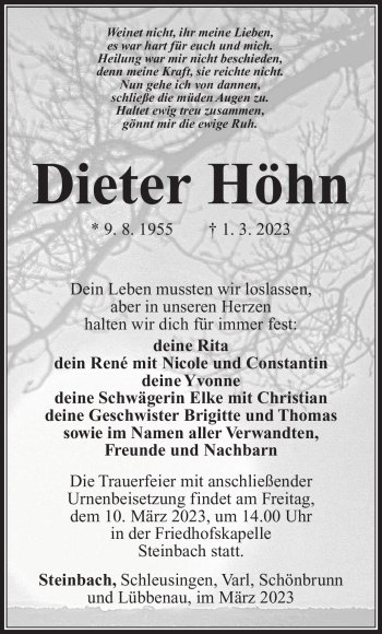 Traueranzeige von Dieter Höhn von Südthüringer Presse