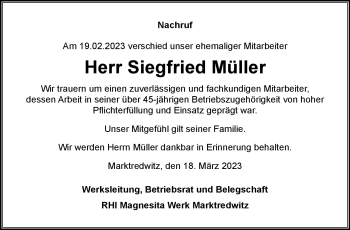 Traueranzeige von Siegfried Müller von Frankenpost