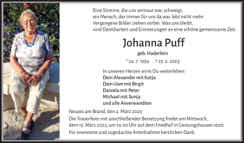Traueranzeige von Johanna Puff von Neue Presse Coburg