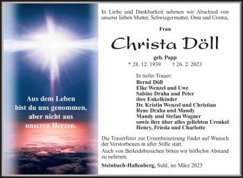 Traueranzeige von Christa Döll von Südthüringer Presse