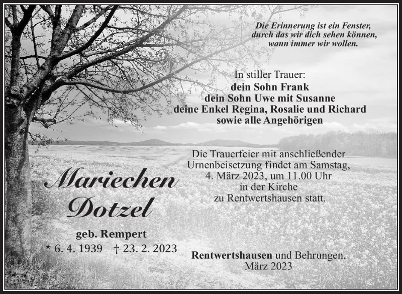  Traueranzeige für Mariechen Dotzel vom 02.03.2023 aus Südthüringer Presse