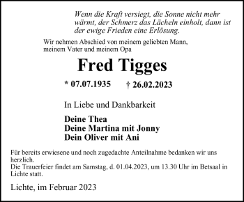 Traueranzeige von Fred Tigges von Südthüringer Presse