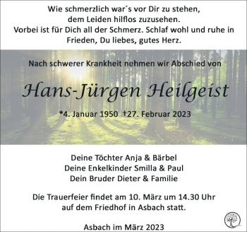 Traueranzeige von Hans-Jürgen Heilgeist von Südthüringer Presse