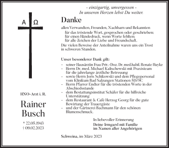 Traueranzeige von Rainer Busch von Südthüringer Presse