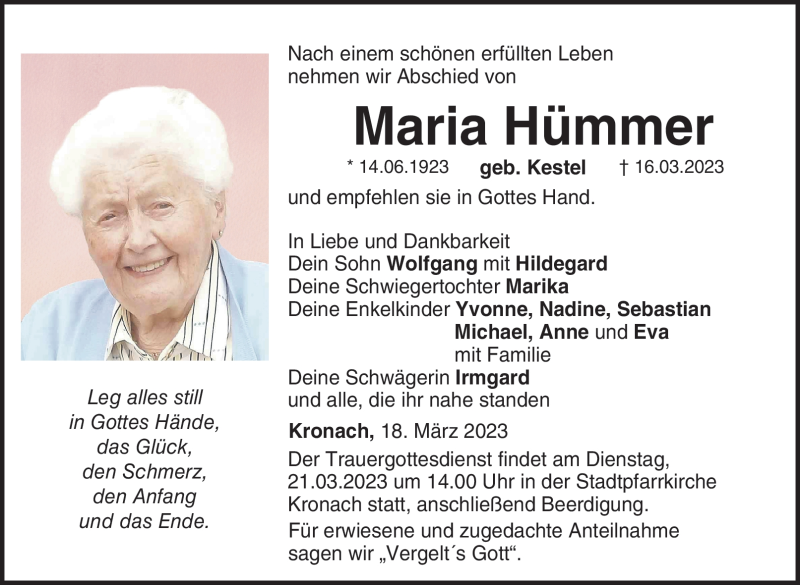  Traueranzeige für Maria Hümmer vom 18.03.2023 aus Neue Presse Coburg