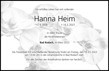 Traueranzeige von Hanna Heim von Neue Presse Coburg