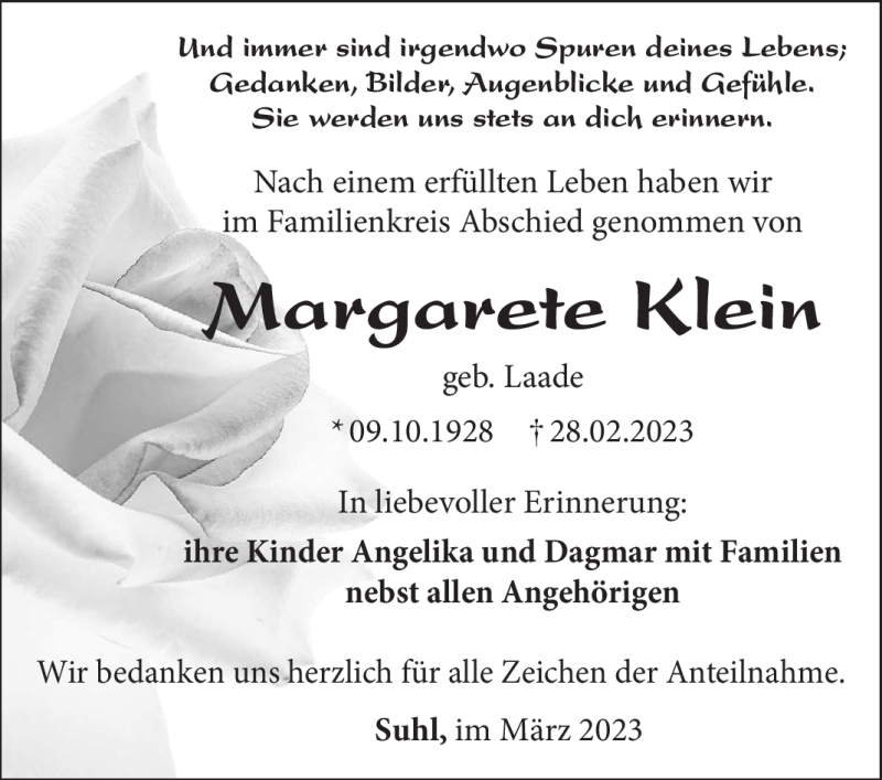  Traueranzeige für Margarete Klein vom 25.03.2023 aus Südthüringer Presse