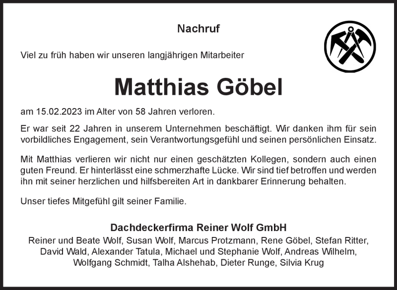 Traueranzeige für Matthias Göbel vom 11.03.2023 aus Südthüringer Presse