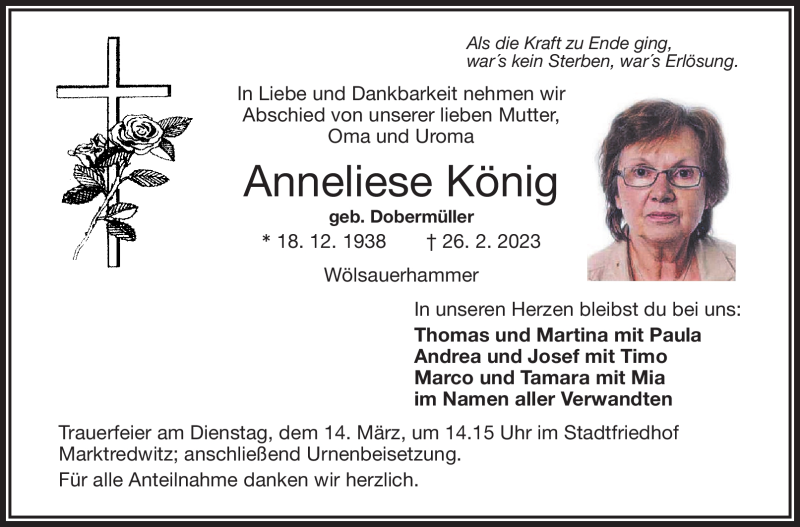  Traueranzeige für Anneliese König vom 11.03.2023 aus Frankenpost